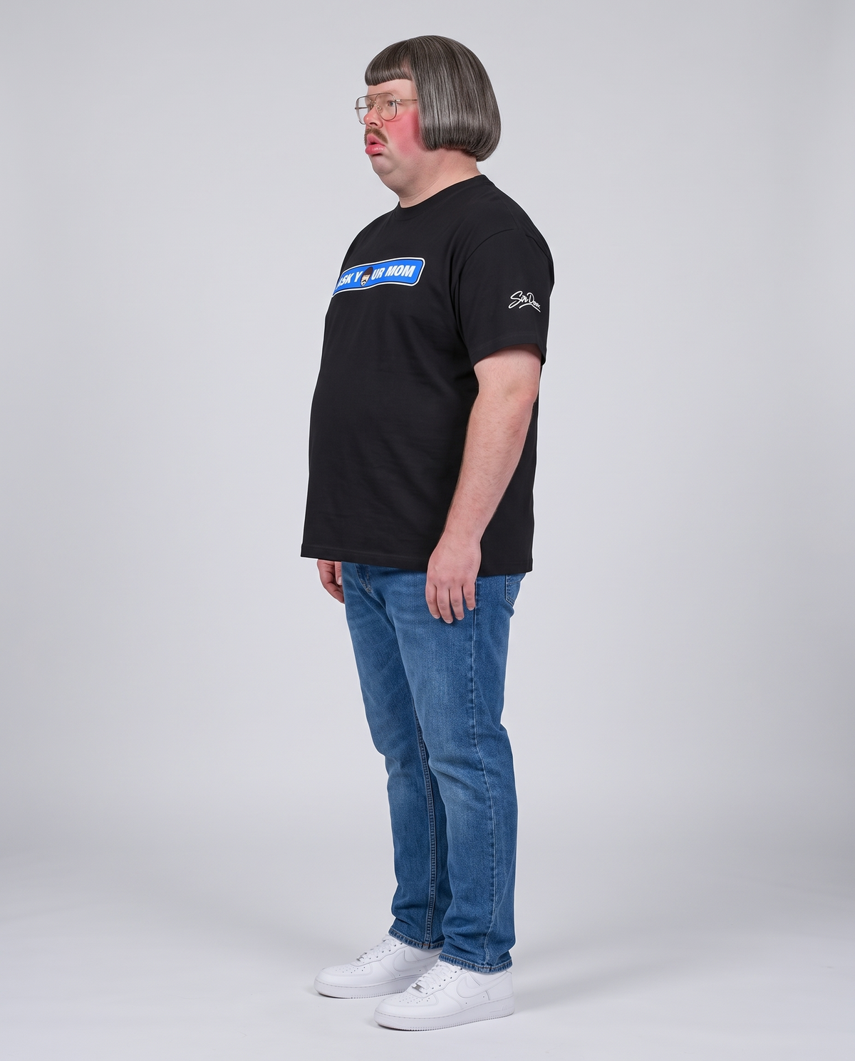 Sir Don wearing the Ask Your Mom Tee - side